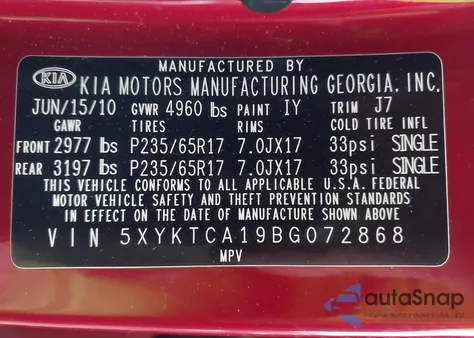 2011 Kia Sorento Lx z USA, uszkodzony, nr VIN 5XYKTCA19BG072868